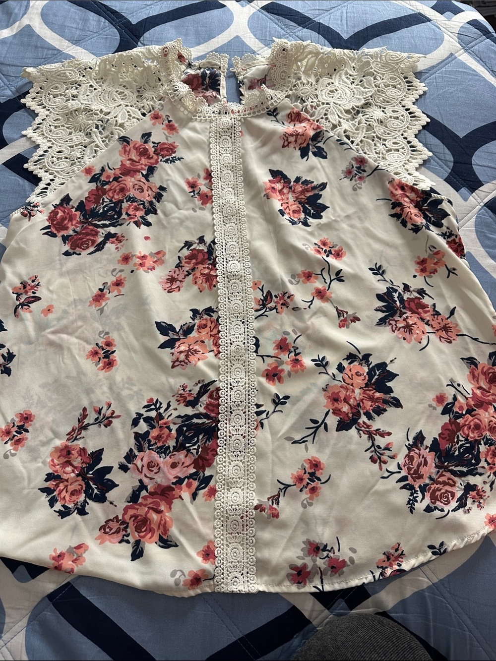 No Boundaries Cream Floral Lace-Trim Sleeveless Top with Pink Roses